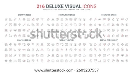 Video game genres and devices, web application line icon set. Tablet and phone, marketing digital tools and software for content creation thin black and red outline symbols vector illustration