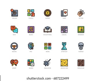 Video game genres vector icons set in filled outline style