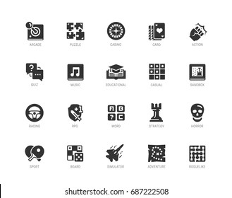 Video game genres vector icons set in glyph style