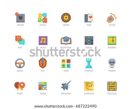 Video game genres vector icons set in flat design style