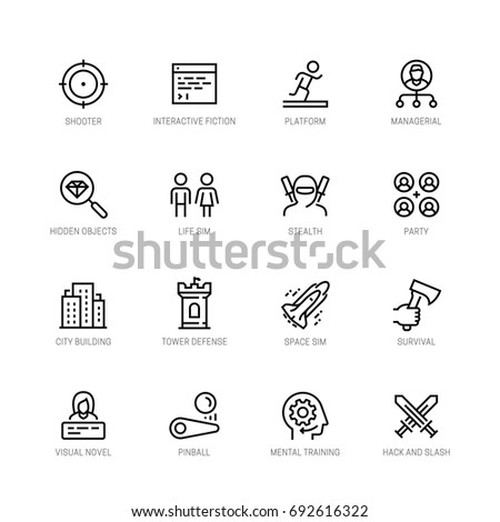 Video game genres vector icons set in editable line style #2