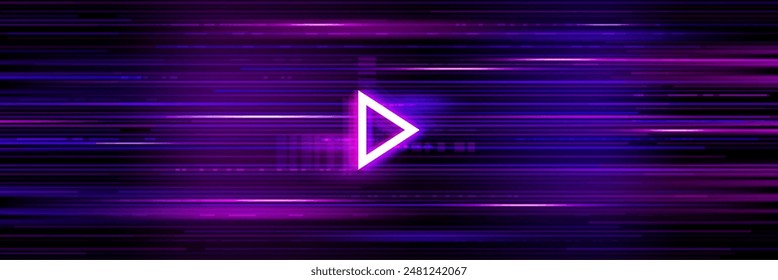 Video game glitch background of retro TV or computer screen with purple pixel noise lines vector pattern and neon light play button or triangle sign. Digital data glitch effect banner, game background