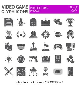 Video game glyph icon set, play symbols collection, vector sketches, logo illustrations, swipe signs solid pictograms package isolated on white background, eps 10.
