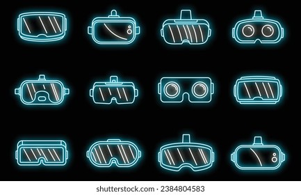 Video game goggles icons set. Outline set of video game goggles vector icons neon color on black