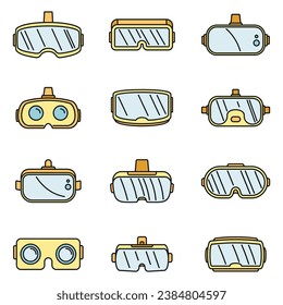 Video game goggles icons set. Outline set of video game goggles vector icons thin line color flat on white