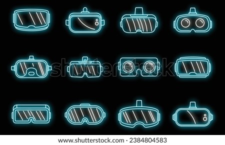 Video game goggles icons set. Outline set of video game goggles vector icons neon color on black