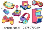 Video game hand drawn doodle set. Video gamer console vector illustration
