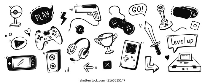 Video game hand drawn doodle set. Video gamer console, joystick, controller element. Computer retro, arcade play background. Vector illustration.