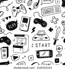 Video game hand drawn doodle seamless pattern. Video gamer console, joystick, controller element. Computer retro, arcade play background, wallpaper, pattern. Vector illustration.