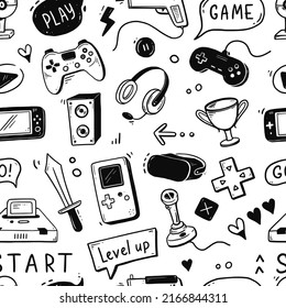 Video Game Hand Drawn Doodle Seamless Pattern. Video Gamer Console, Joystick, Controller Element. Computer Retro, Arcade Play Background, Wallpaper, Pattern. Vector Illustration.