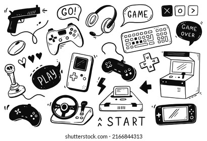 Video game hand drawn doodle set. Video gamer console, joystick, controller element. Computer retro, arcade play background. Vector illustration.