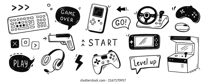 Video game hand drawn doodle set. Video gamer console, joystick, controller element. Computer retro, arcade play background. Vector illustration.