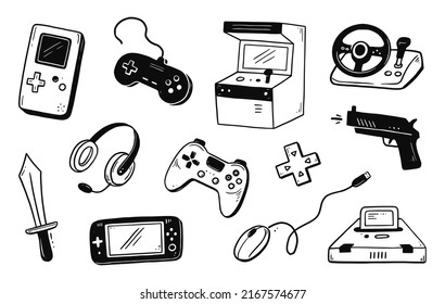 Video game hand drawn doodle set. Video gamer console, joystick, controller element. Computer retro, arcade play background. Vector illustration.