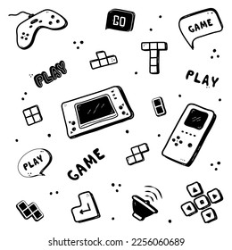 Games doodle art with blue background and hand Vector Image