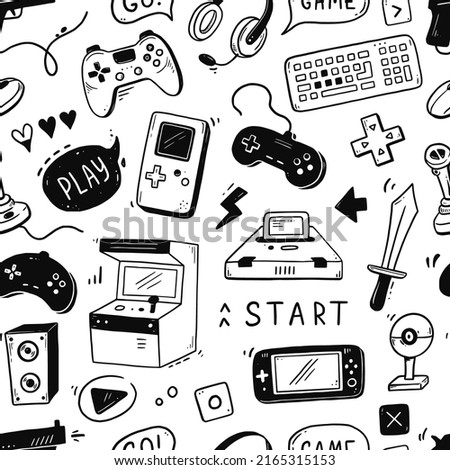 Video game hand drawn doodle seamless pattern. Video gamer console, joystick, controller element. Computer retro, arcade play background, wallpaper, pattern. Vector illustration.