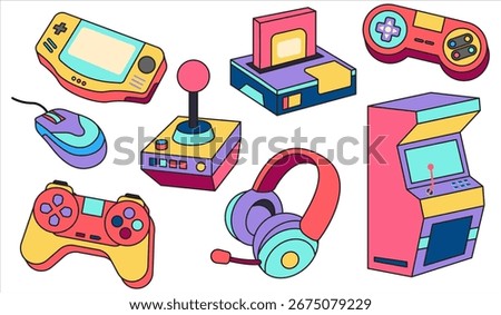 Video game hand drawn doodle set. Video gamer console vector illustration