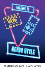 video game handle with cassette nineties style neon light vector illustration design