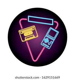 video game handle with cassette nineties style neon light vector illustration design