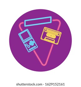 video game handle with cassette nineties style neon light vector illustration design