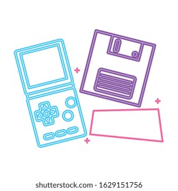 video game handle with floppy disk nineties style neon light vector illustration design
