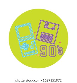 video game handle with floppy disk nineties style neon light vector illustration design