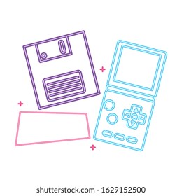 video game handle with floppy disk nineties style neon light vector illustration design