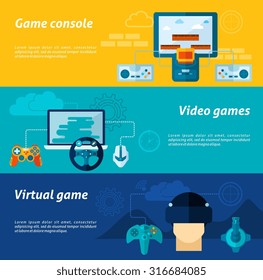 Video game horizontal banner set with virtual console elements isolated vector illustration