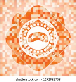 video game icon inside abstract orange mosaic emblem with background