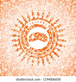 video game icon inside abstract orange mosaic emblem with background