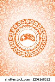 video game icon inside abstract orange mosaic emblem