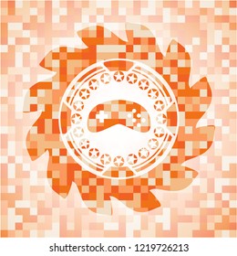 video game icon inside abstract orange mosaic emblem