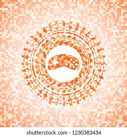 video game icon inside abstract orange mosaic emblem with background