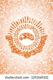 video game icon inside abstract emblem, orange mosaic background
