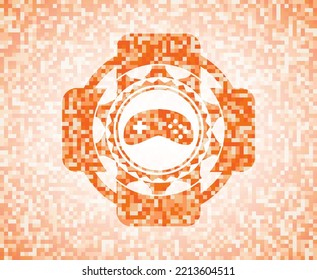 video game icon inside abstract orange mosaic emblem with background. 