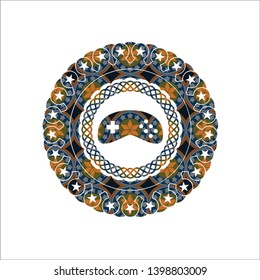 video game icon inside arabesque badge background. arabic decoration.
