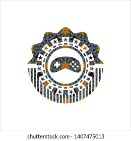 video game icon inside arabesque badge background. arabic decoration.
