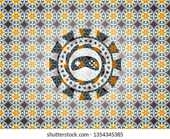 video game icon inside arabic style badge. Arabesque decoration.