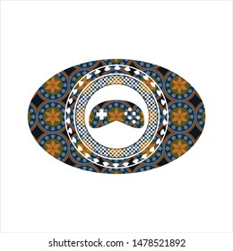 video game icon inside arabic style emblem. Arabesque decoration.
