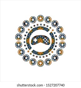 video game icon inside arabic badge background. Arabesque decoration.