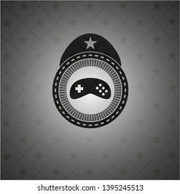 video game icon inside black emblem. Vintage.