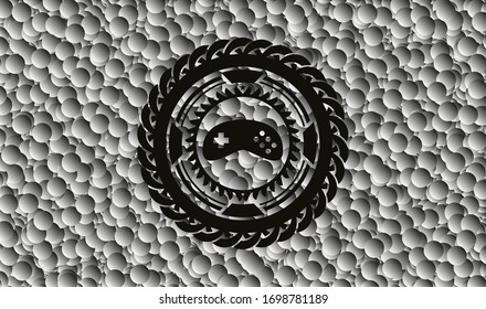 video game icon inside black emblem with grey bubbles background. Vector Illustration. Detailed.