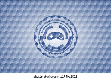 video game icon inside blue badge with geometric pattern.