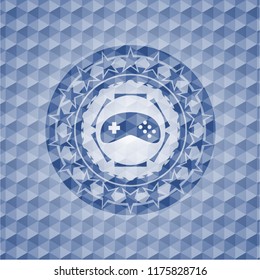 video game icon inside blue emblem with geometric background.
