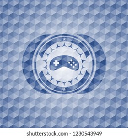video game icon inside blue badge with geometric pattern background.