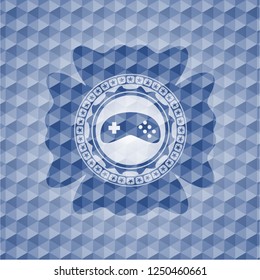 video game icon inside blue badge with geometric pattern background.