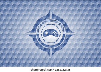 video game icon inside blue badge with geometric background.