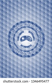 video game icon inside blue badge with geometric pattern.
