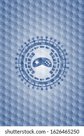 video game icon inside blue badge with geometric pattern background.