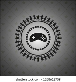 video game icon inside dark emblem. Retro