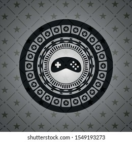 video game icon inside dark emblem. Retro